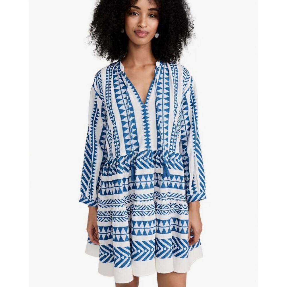 marea Blue White Mykonos Long Sleeve Tie Dress Size Medium